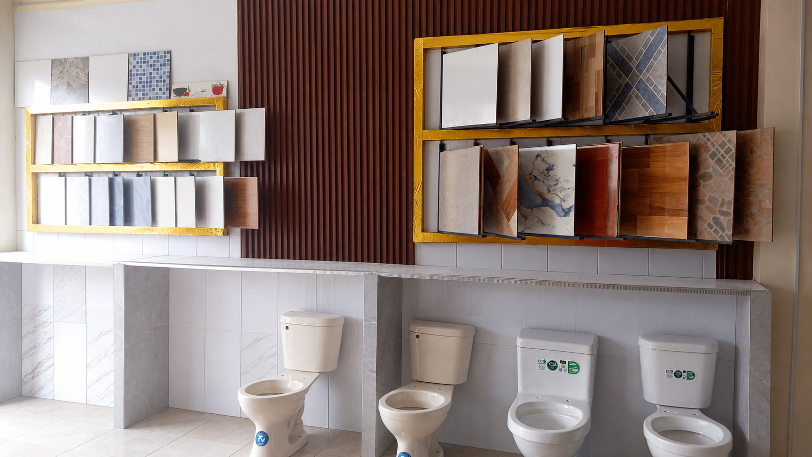 Exhibición de cerámicas y sanitarios en Expoacabados Tena