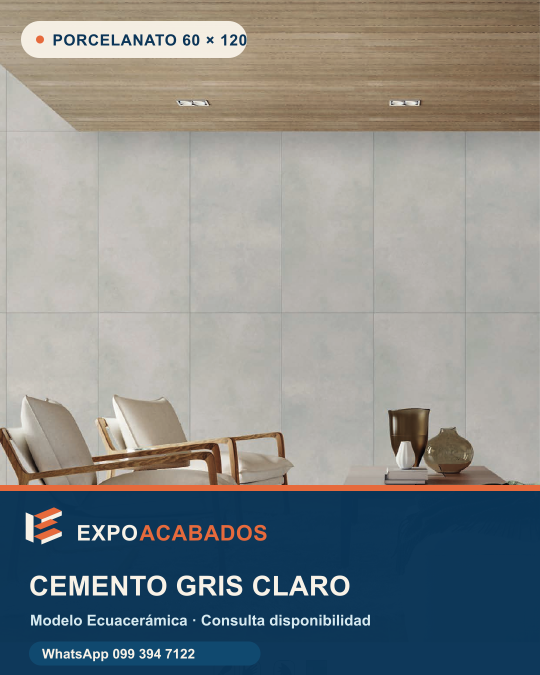 Ambiente referencial del porcelanato Cemento Gris Claro 60 por 120 de Ecuacerámica