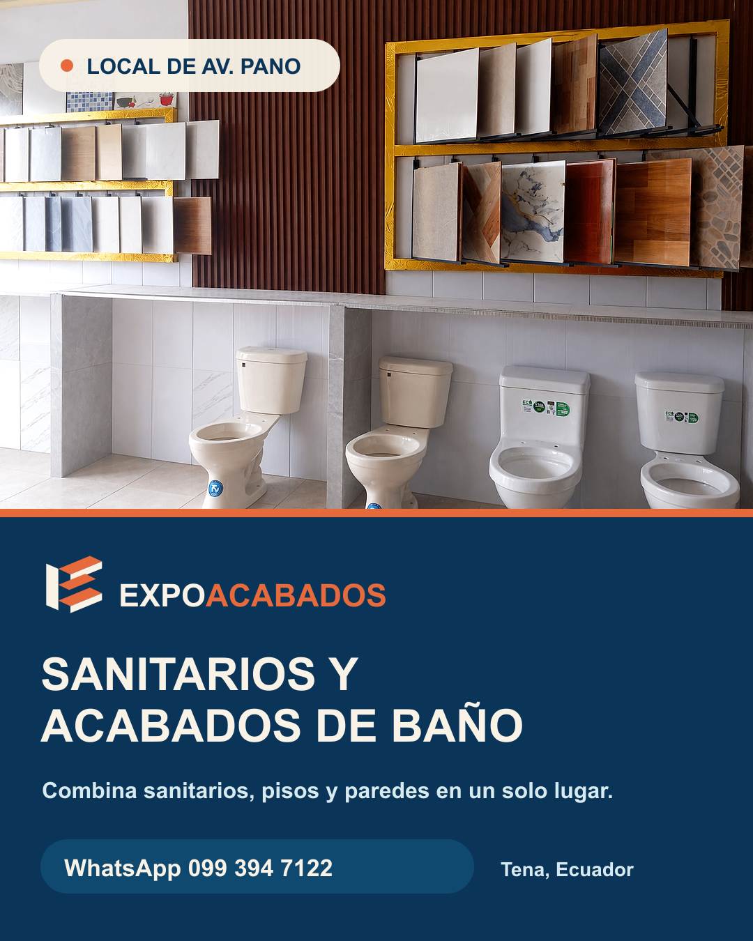 Exhibición real de sanitarios, pisos y revestimientos en el local de avenida Pano